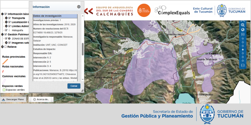 Visor de mapas de la  Gestión Pública del Patrimonio Arqueológico de Tucumán
